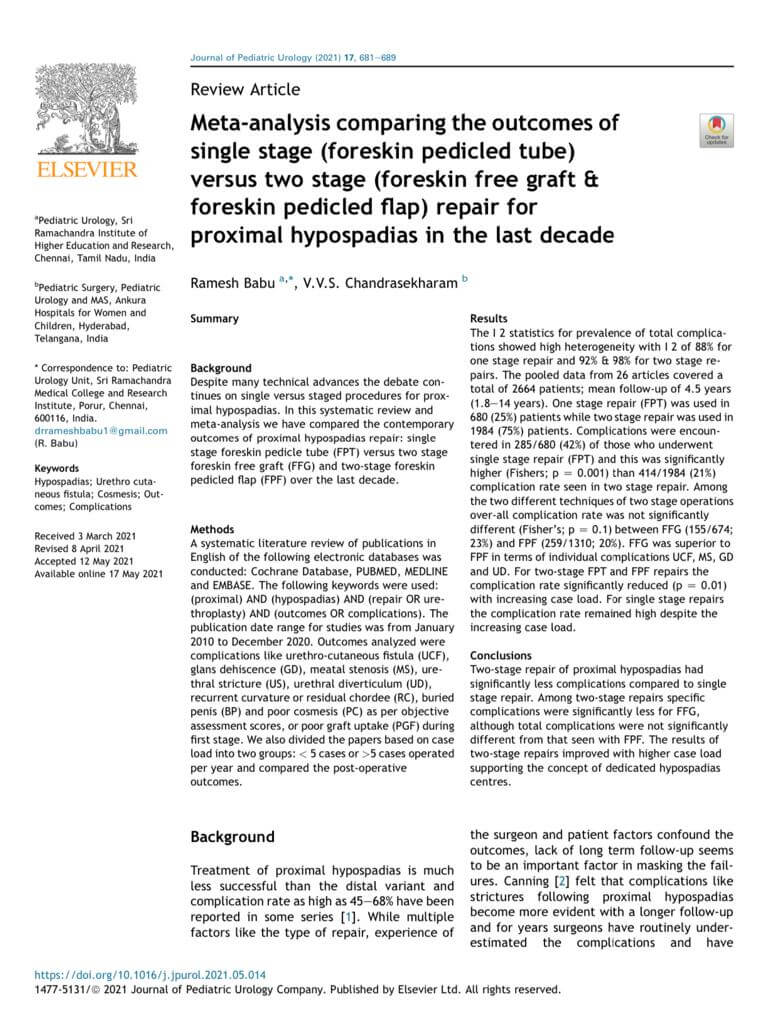 Meta-analysis comparing the outcomes of single stage (foreskin pedicled tube) versus two stage (foreskin free graft & foreskin pedicled flap) repair for proximal hypospadias in the last decade.